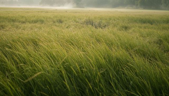 Swaying tall meadow grasses at dawn with misty treeline and dew
