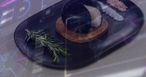 Featuring black ceramic platter with white-centered bowl, rosemary and pink salt, tech ui overlay