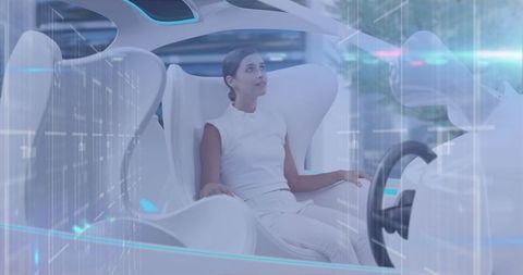 Woman Exploring Futuristic Virtual Car Interface in Modern Cockpit