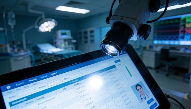 Ehr touchscreen displaying patient records while microscope illuminating surgical table