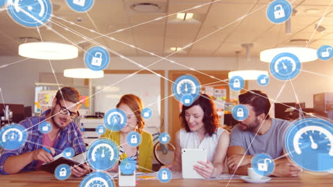 Diverse Team Discussing Digital Network Security in Modern Office