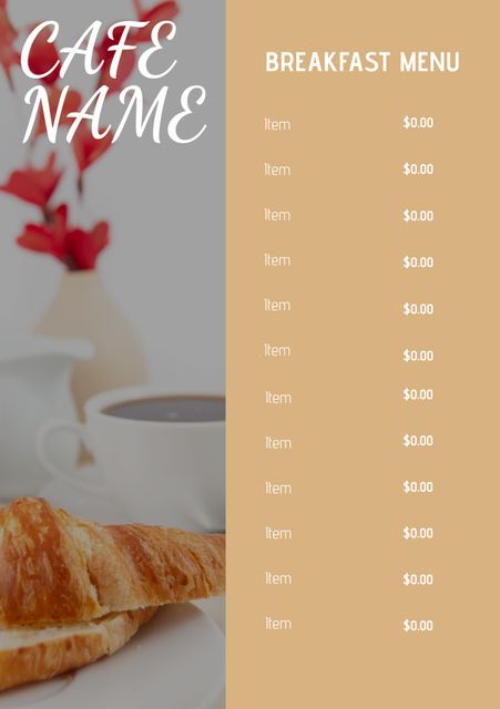 Elegant breakfast menu template ideal for cafes and brunch spots featuring a croissant and a cup of coffee. Perfect for displaying menu items in print or digital formats. Background with subtle floral decor adds a welcoming touch.