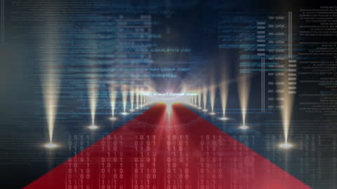 Futuristic Red Carpet with Glowing Digital Data and Lights