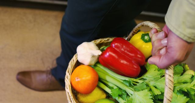 Man Carrying Basket of Fresh Vegetables and Fruits - Download Free Stock Images Pikwizard.com