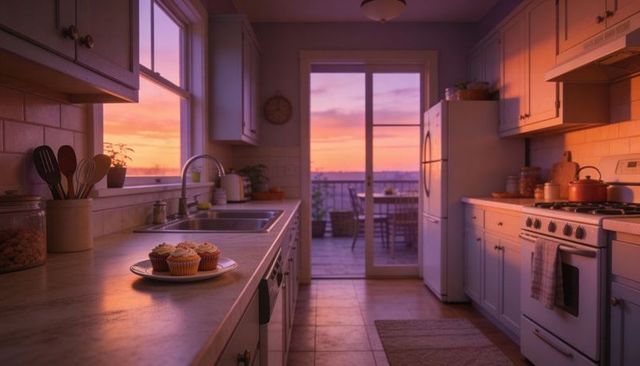 Cozy sunset-lit kitchen with plate of cupcakes on marble counter and balcony view ideal for lifestyl