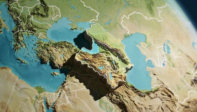 3d topographic map showing iran and neighbours with caspian sea relief and terrain shading