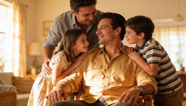 Sunlit family moment with father receiving hugs from children and partner in cozy home