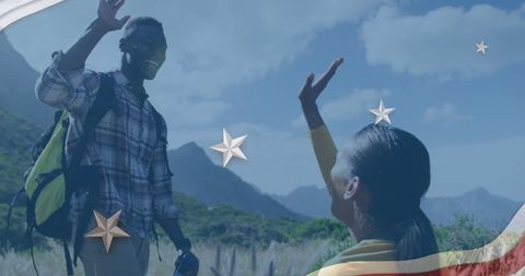 Mountain Hike High Five Celebrating Achievements with Patriotic Flair