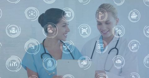 Nurse tapping clipboard, doctor reviewing notes, healthcare data icons overlay
