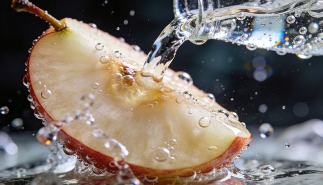 Pouring water onto halved red apple slice creating sparkling droplets and glossy sheen