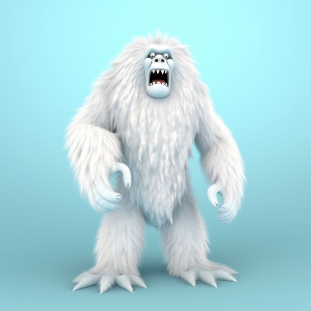 Animated yeti with white fur roaring against blue background. Ideal for mythical creature themes, children's illustrations, fantasy art, or Halloween promotional materials.