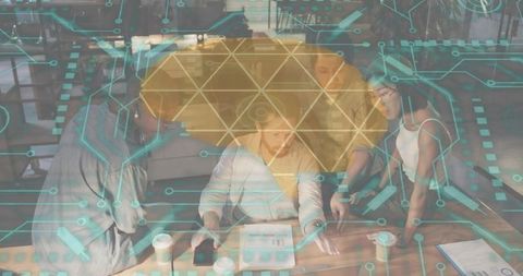 Multicultural team collaborating on tablet with augmented reality data overlay for strategy