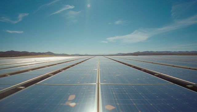 Vast photovoltaic solar panels under clear blue sky in arid landscape