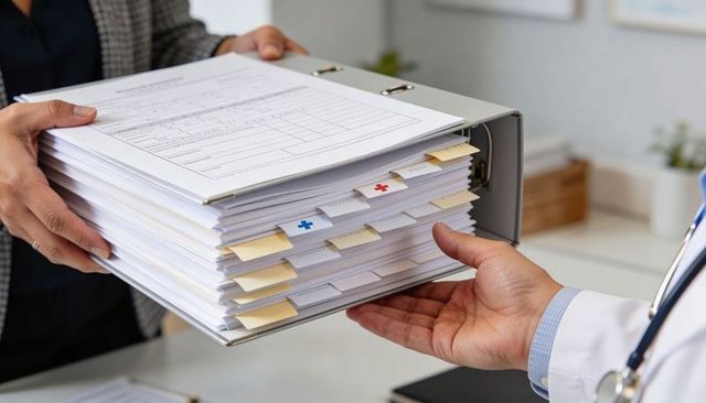 Handing medical records binder between clinicians showing organized patient documentation