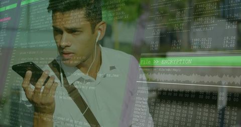 Businessman speaking into smartphone with encryption overlay, mobile cybersecurity concept