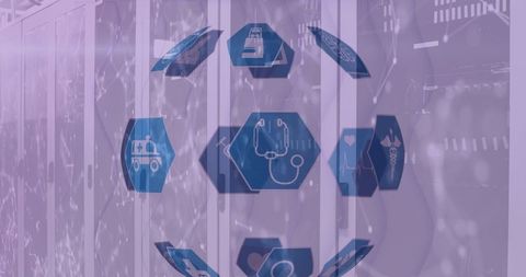 Futuristic medical technology network over server data room background