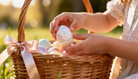 Child picking floral easter egg from wicker basket in sunlit spring grass