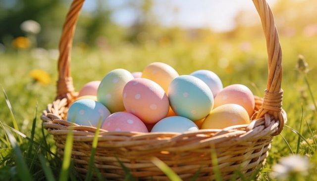Easter basket holding pastel polka-dotted eggs in sunlit meadow at golden hour