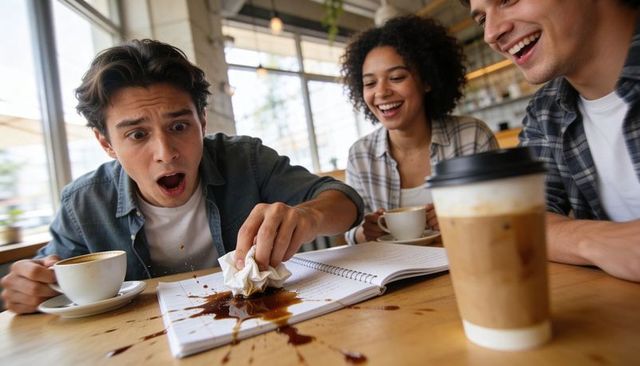 Shocked student reacting to coffee spilling on notebook while friends laughing in cafe
