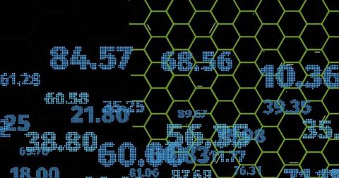 Displaying blue dot-matrix numeric readouts over neon green hexagonal grid, black hud