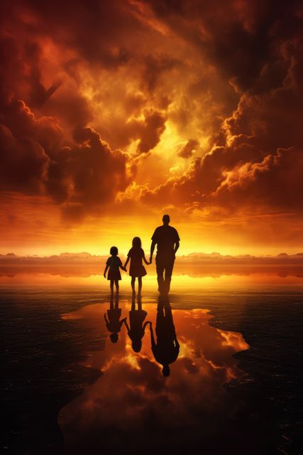 Silhouette of father with two daughters at sunset, created using generative ai technology. Sunset family silhouette and nature concept digitally generated image.