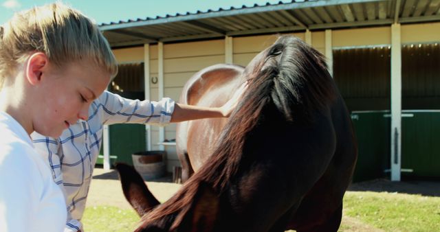 Young girl brushing a horse at stable area. Ideal for use in content related to animal care, equestrian activities, farming lifestyle, and youth interaction with animals. Great visual for websites, blogs, educational materials, or advertisements focusing on horse care and pet activities.