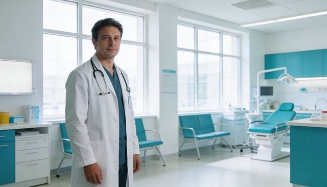 Doctor standing in modern clinic wearing white coat and stethoscope, confident clinician