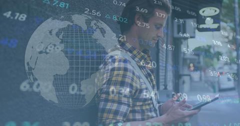 Man Using Tablet with Global Stock Market Overlay