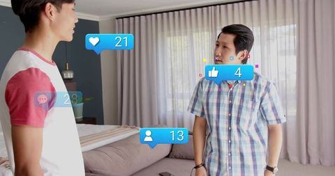 Teen and adult discussing in bedroom with social media notification overlays