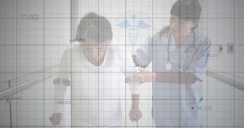 Elderly Patient in Rehabilitation with Nurse and Data Overlay