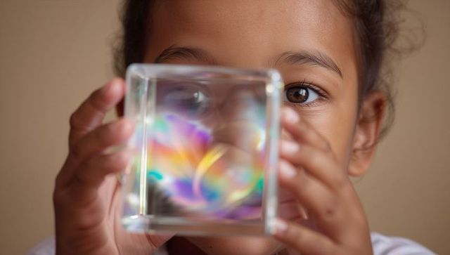 Curly child holding glass cube creating vivid rainbow spectrum through close-up portrait