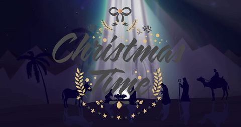 Nativity silhouette under heavenly spotlight, christmas time manger with shepherds, wise men