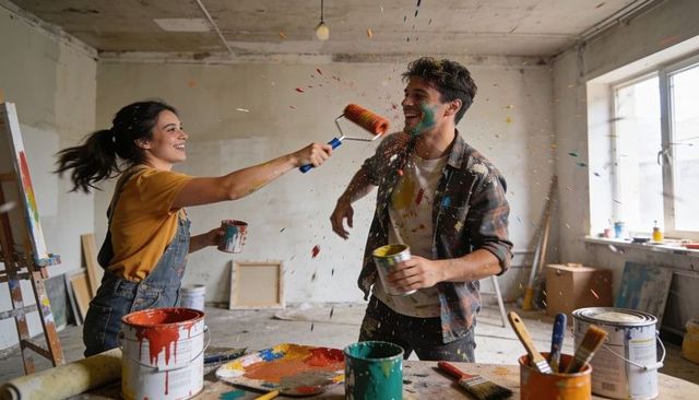 Couple Playfully Splashing Paint While Renovating Room, Colorful DIY Home Makeover