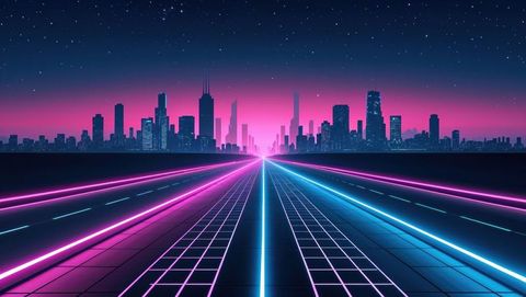 Futuristic neon grid highway leading to city skyline under starry sky