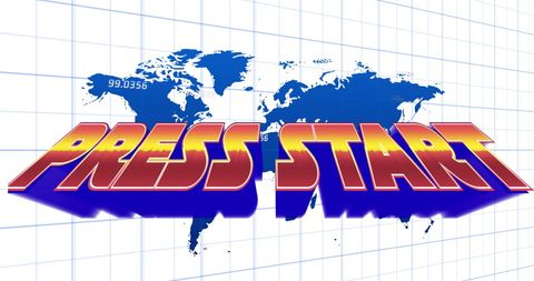 Press Start Text Overlaying Digital World Map with Global Gaming Theme
