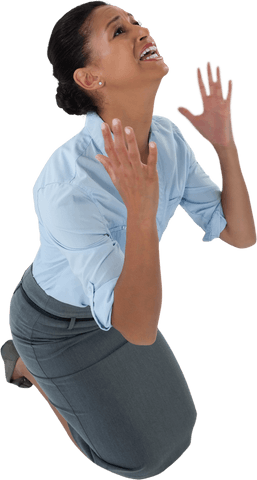 Angry Hispanic Businesswoman Kneeling with Frustration Transparent Background