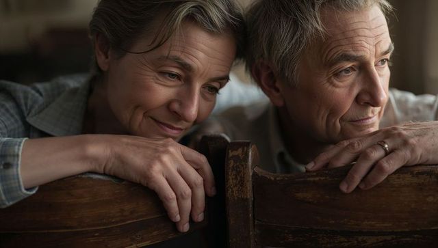 Senior couple sharing tender moment leaning on worn wooden chairs, wedding band visible