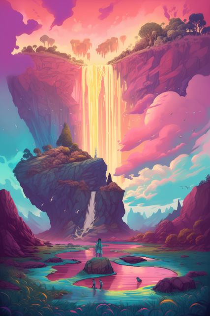 Surreal illustrative art depicts floating mountains with cascading waterfalls against a colorful and dreamy sky. Ideal for use in creative projects related to fantasy, unique landscapes, and imaginative scenes. Perfect for book covers, poster designs, and inspirational wall art.