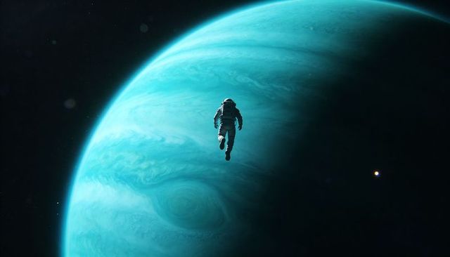 Astronaut drifting before turquoise gas giant under cosmic swirl