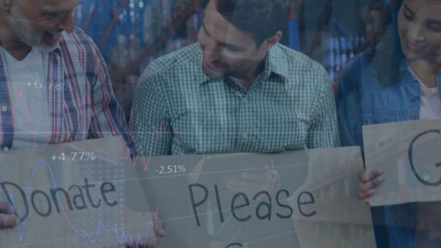 The image shows diverse volunteers holding donation signs with financial data overlappings. The setting appears to be a warehouse, suggesting a campaign to collect donations for possibly a financial purpose or awareness on charitable giving. This image can be used to promote community service initiatives, fundraising campaigns, or financial literacy programs, combining the ideas of economic activity and social responsibility.