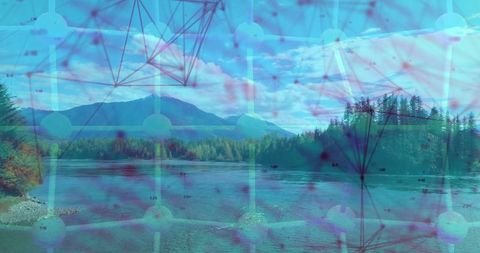 Abstract Molecular Graphic Overlay on Serene Mountain Lake