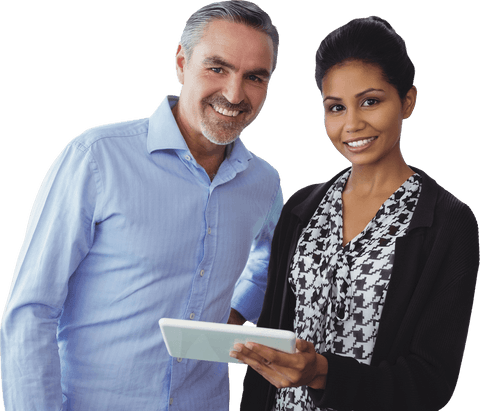 Business Team Smiling and Collaborating on Tablet Transparent Background - Download Free Stock Videos Pikwizard.com