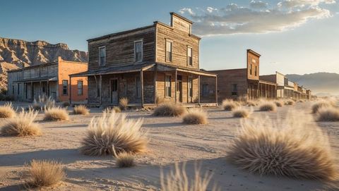 Desert ghost town with abandoned saloon and tumbleweed at sunset