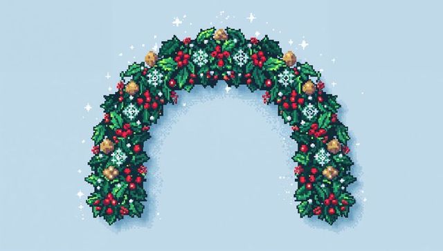 Pixel christmas wreath arch decorating icy blue canvas with holly berries and gold baubles