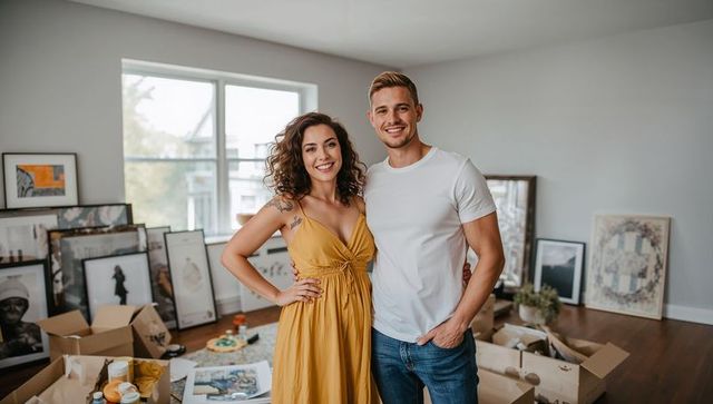 Young couple unpacking in bright new home living room with framed artwork and boxes, smiling