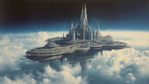 Hovering Floating Metropolis with Central Spire Cluster Above Clouds, Futuristic Skyline