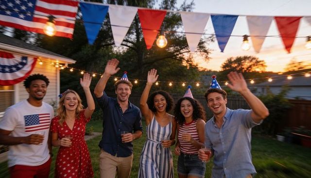 Friends celebrating fourth of july backyard party at sunset with patriotic pennants and string light