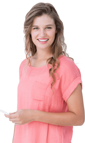 transparent smiling woman holding card wearing casual pink shirt - Download Free Stock Videos Pikwizard.com