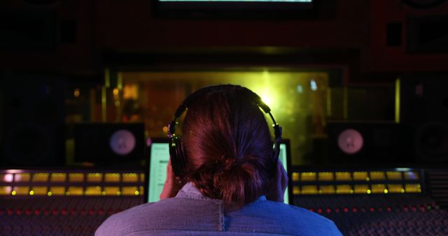 Sound engineer wearing headphones focusing on mixing tracks in a professional recording studio. Ideal for illustrating concepts of music production, sound engineering, and audio mixing. Useful for articles, blogs, and publications focused on the music industry and professional sound equipment.