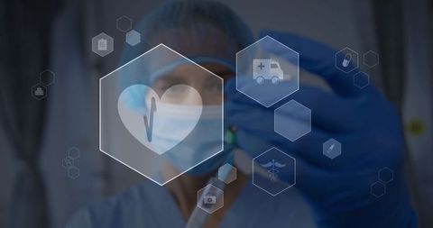 Nurse preparing vaccine injection while wearing mask and gloves with hexagonal medical ui